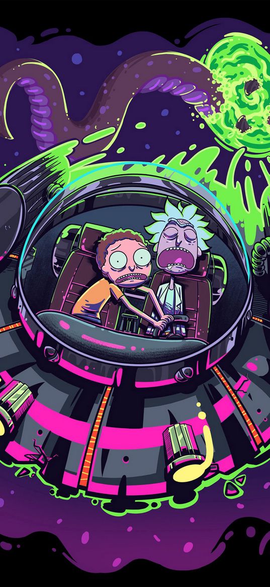 rick and morty, rick, morty, cartoon, ship, acid colors, art