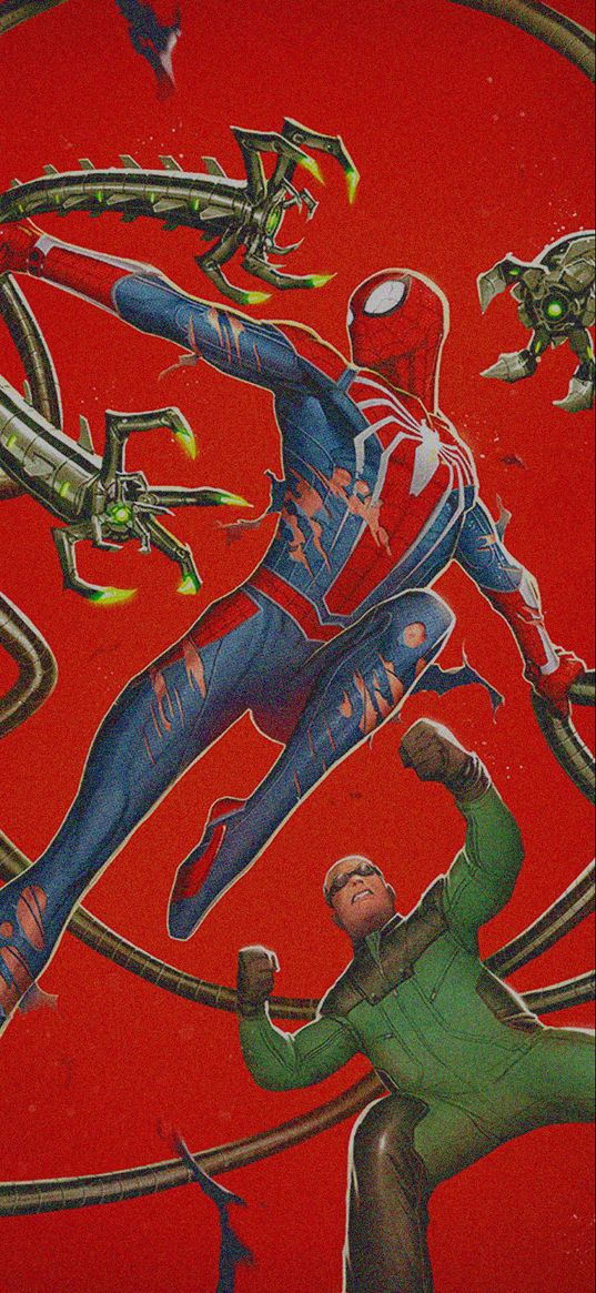 spider-man, spiderman, octavius, marvel, comics, battle, tentacles, fight, red background, art