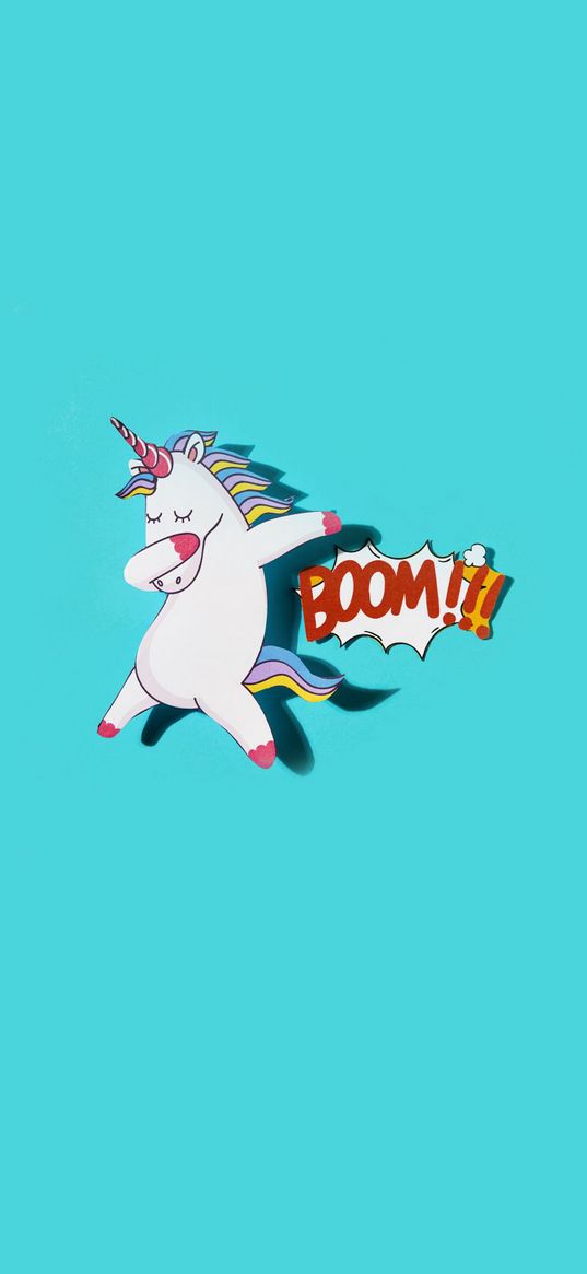 poster, unicorn, boom, shadow, inscription, blue background