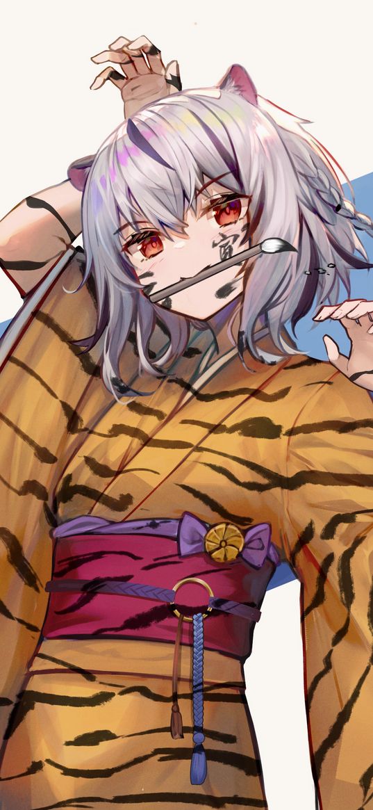 girl, tiger, stripes, brush, artist, anime