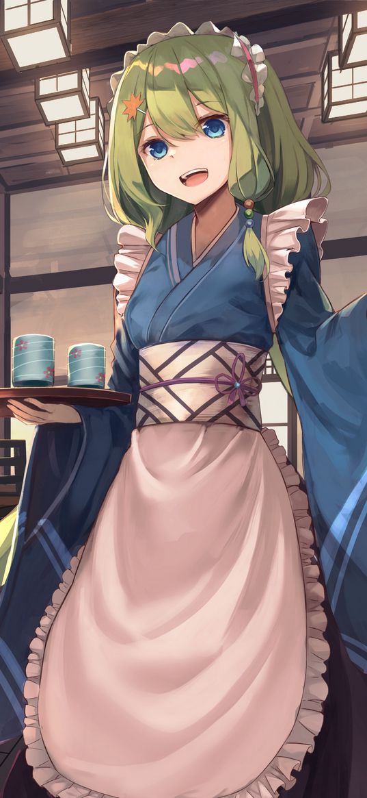 girl, kimono, waiter, anime