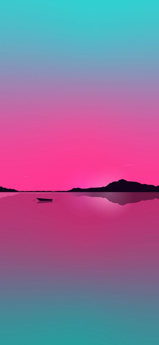 sea, boat, island, horizon, digital art, minimalism, gradient, landscape