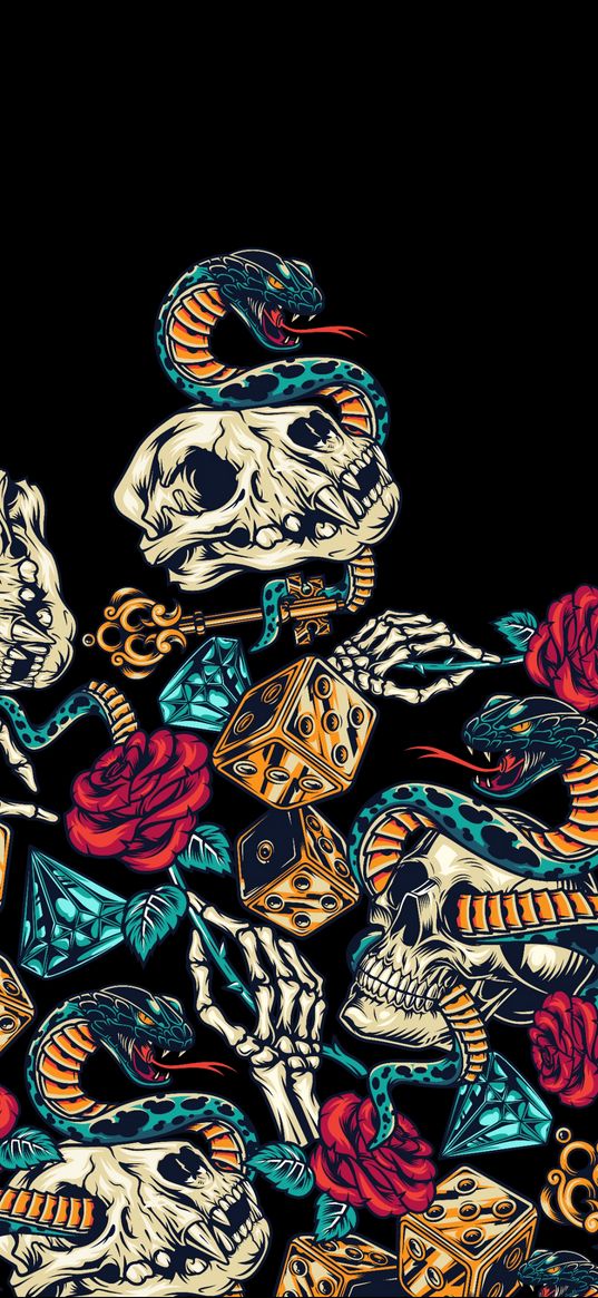 snake, skull, skeleton, bones, rose, cubes, key, black background, digital art