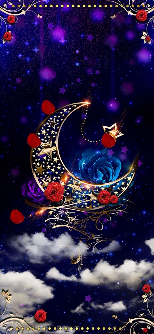 moon, roses, clouds, stars, gold, blue background, digital art