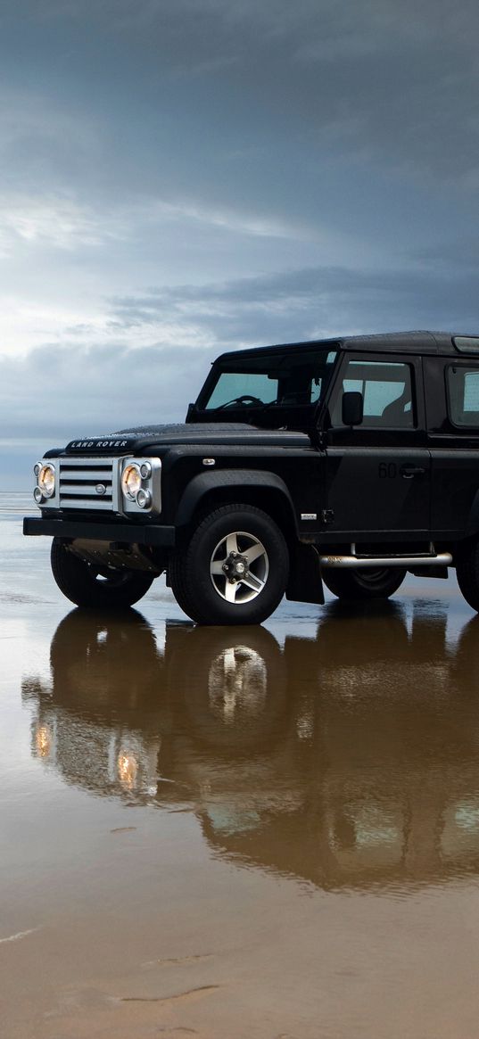 land rover defender, land rover, suv, car, black, sea, sand