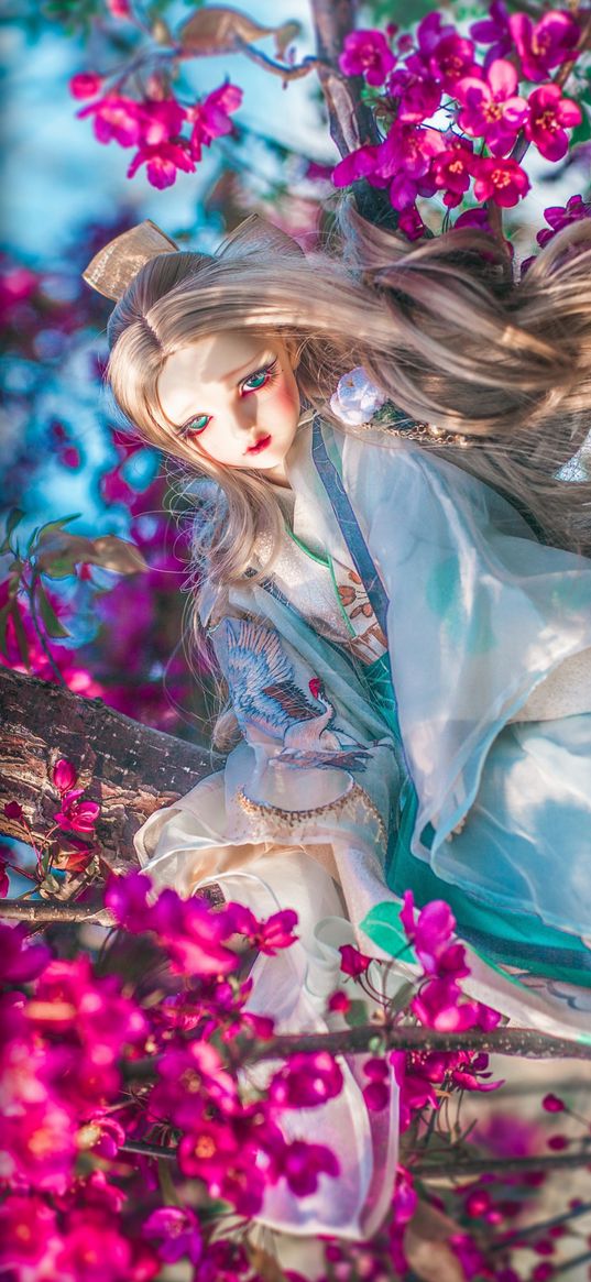 doll, girl, toy, kimono, tree, flowers