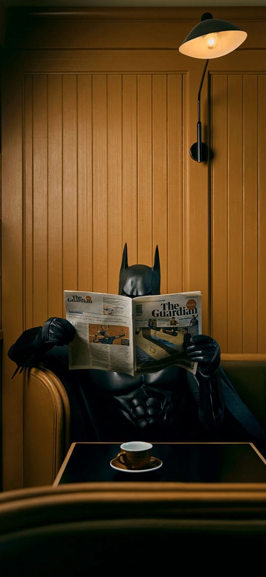 batman, superhero, newspaper chair, reading