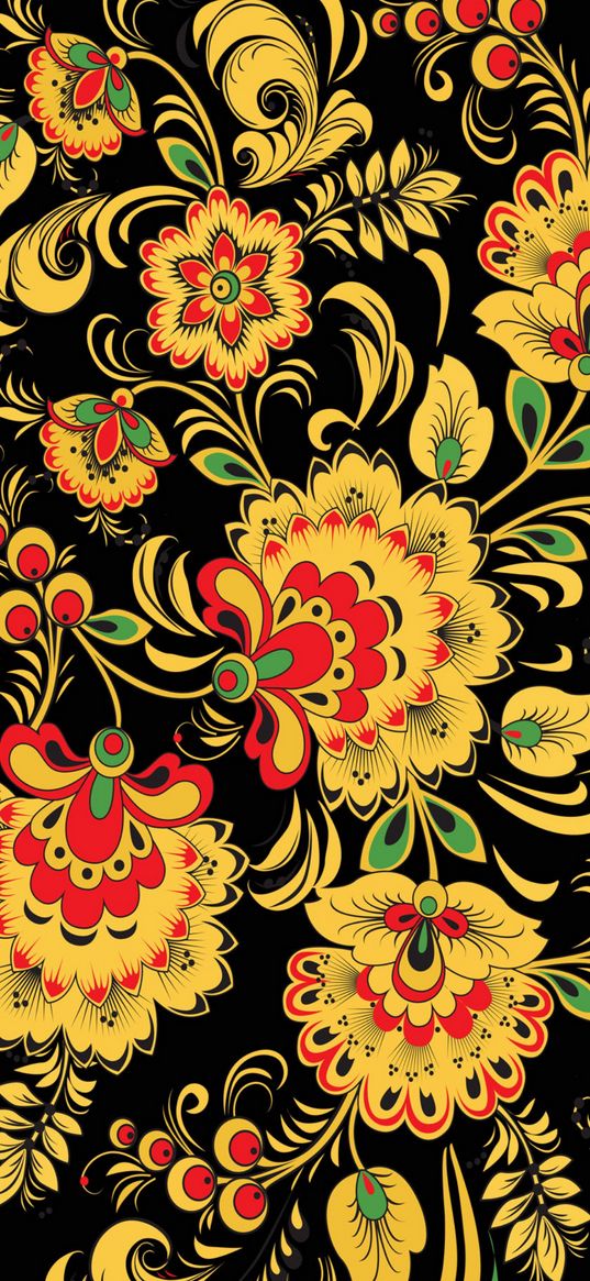 texture, pattern, ornament, flowers, khokhloma, yellow, red, black background