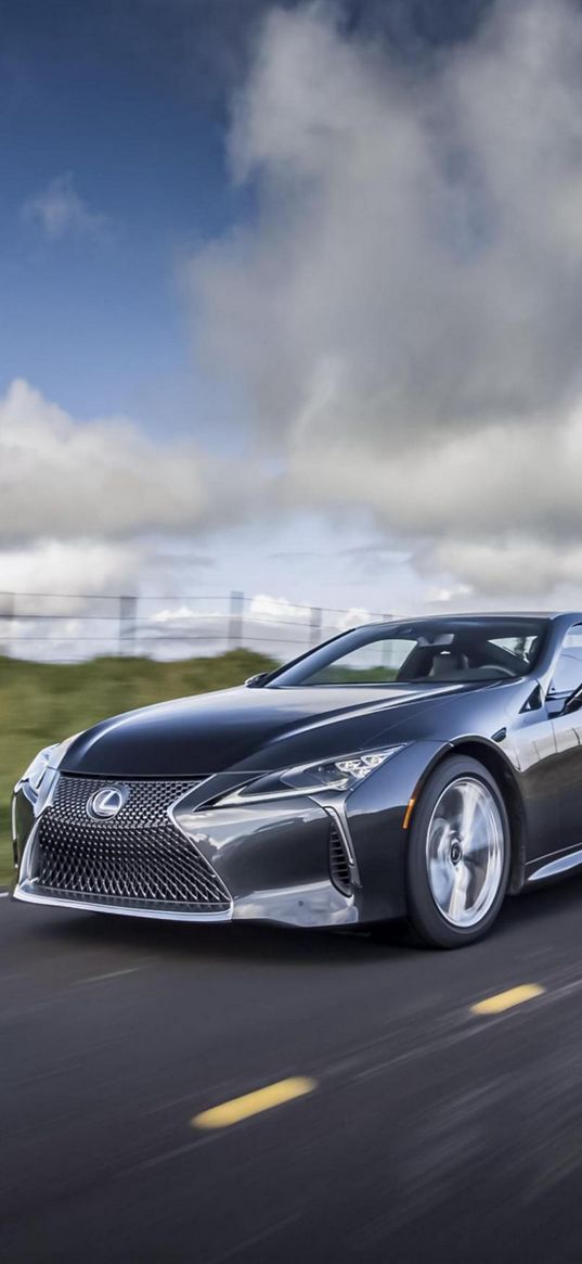 lexus, lexus lc500, auto, silver auto, road, field, sky, clouds