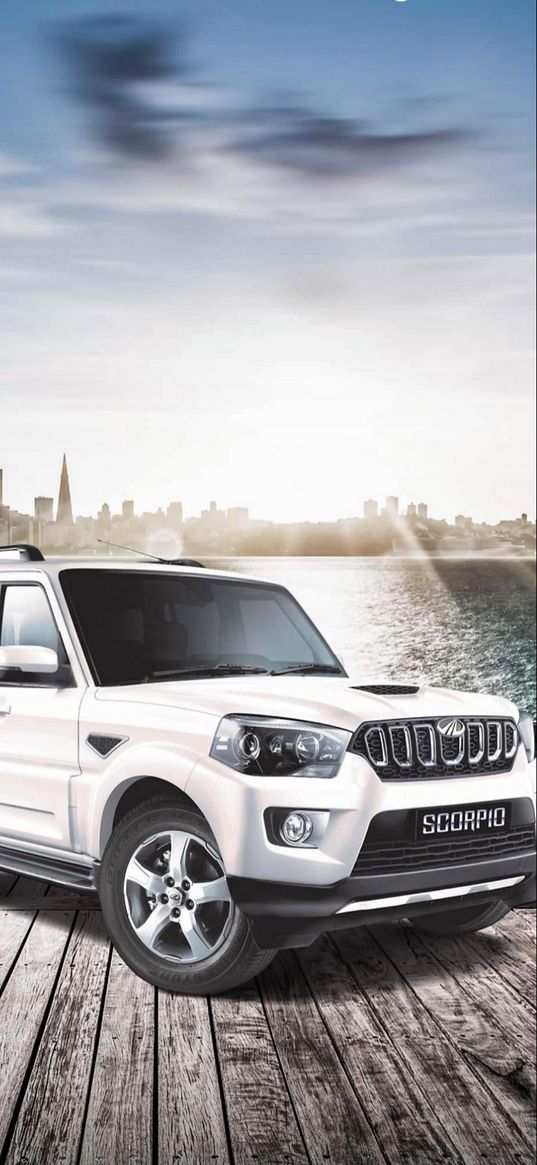 mahindra, mahindra scorpio, auto, white auto, city, sea, light