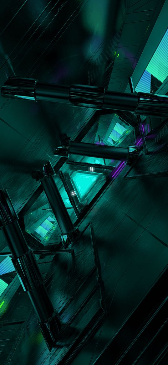 abstraction, triangle, green, black, crystals, light, blue