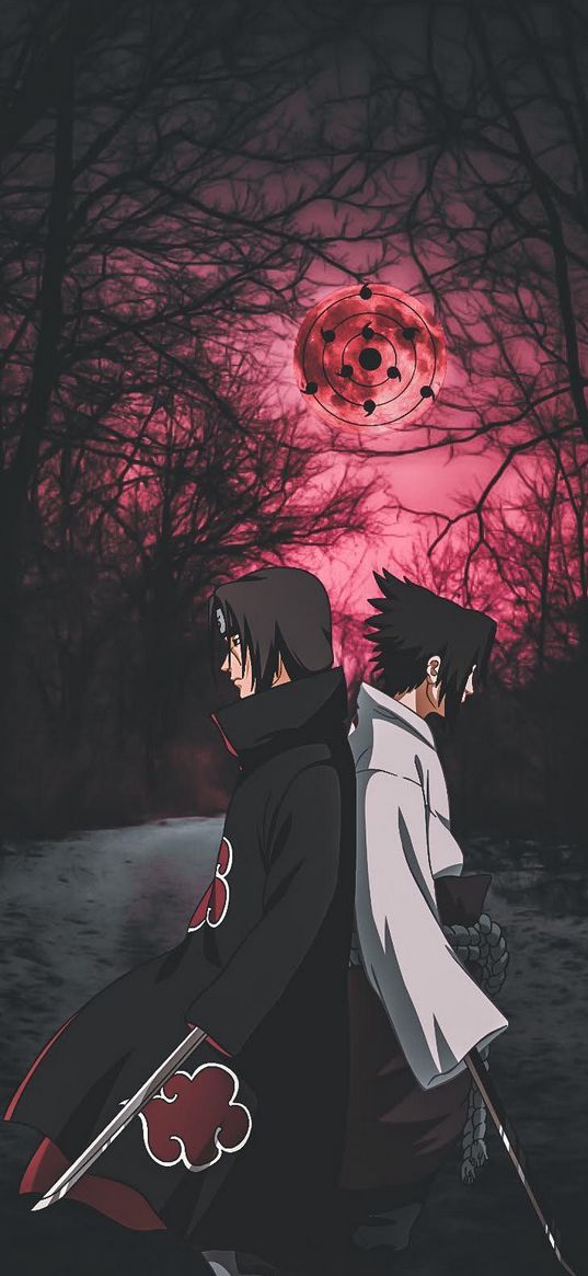 naruto, sasuke, itachi, sharingan, anime, forest, pink, art