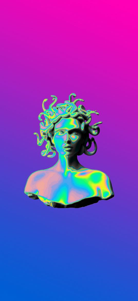 medusa gorgo, digital art, statue, head, snakes, neon