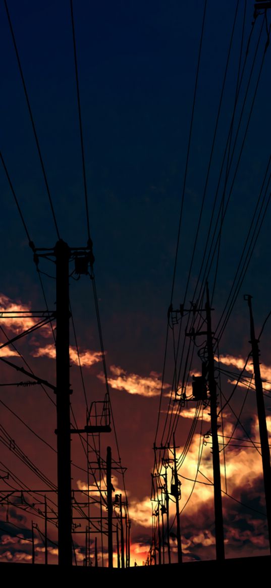 sunset, electric pole, clouds, night, landscape