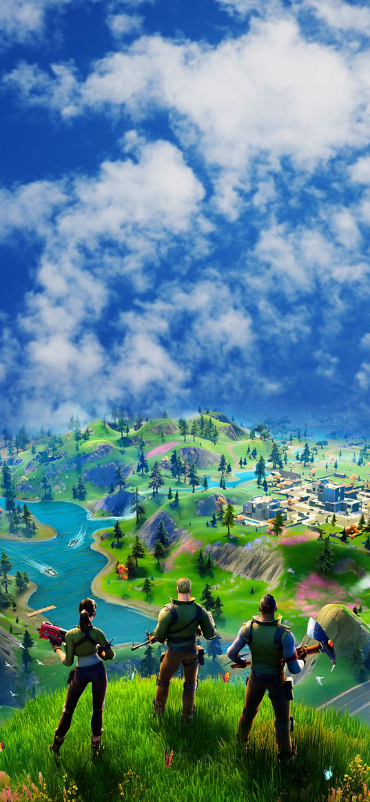 fortnite, game, characters, mountain, height, sky