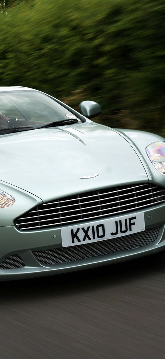 aston martin, db9, 2010, green metallic, front view, style, sports, cars, speed, shrubs, asphalt