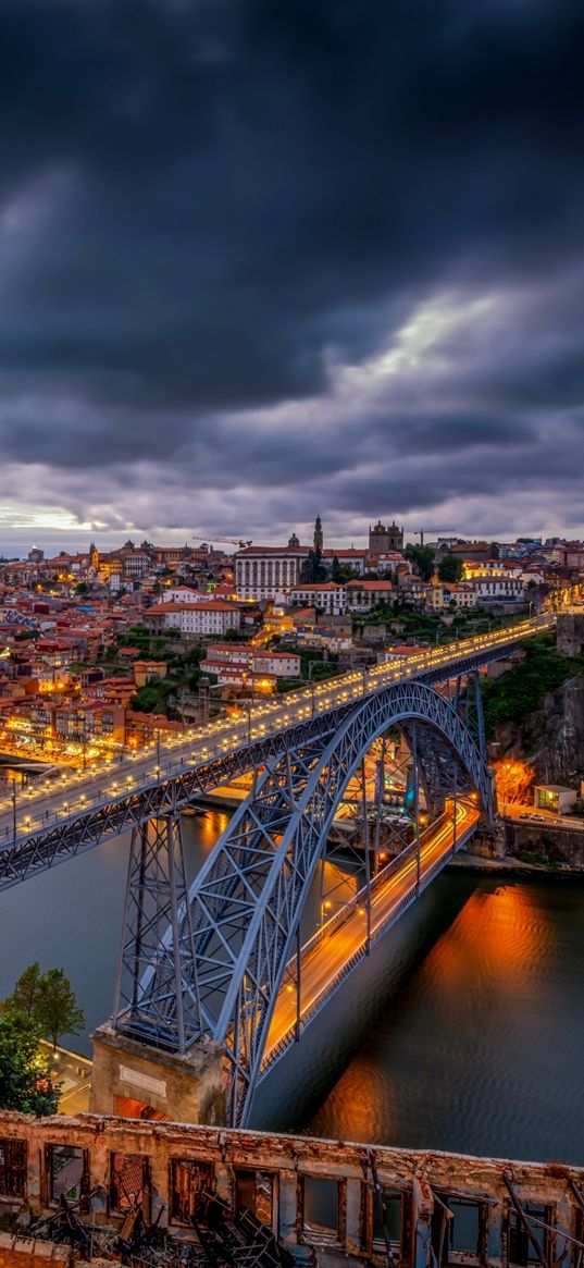 bridge, city, height, river, evening