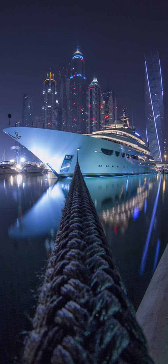 steamboat, night view, dubai, water, rope