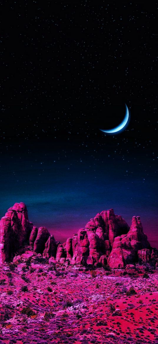 moon, stars, mountains, black, blue pink, landscape, digital, night