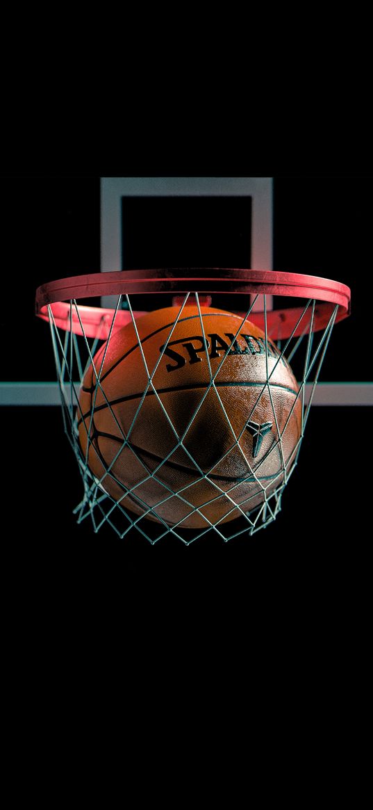 basketball, ball, ring, black background, sports