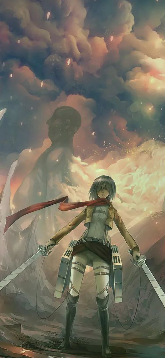 mikasa, attack on titan, anime, girl, sword