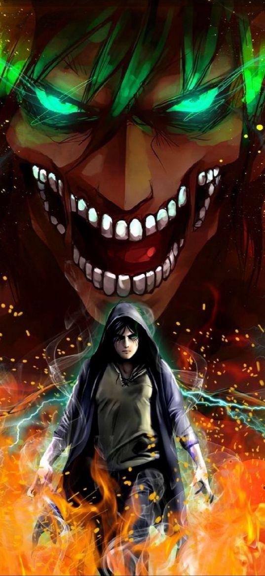 attack on titan, eren yeager, titan, monster, light, fire, anime, art