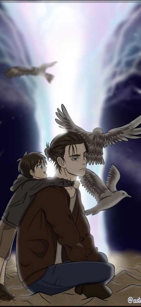 attack on titan, eren yeager, guy, boy, birds, anime, art