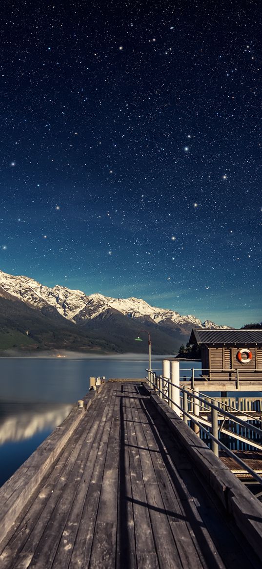 lake, mountains, pier, jetty, reflection, stars, landscape, evening