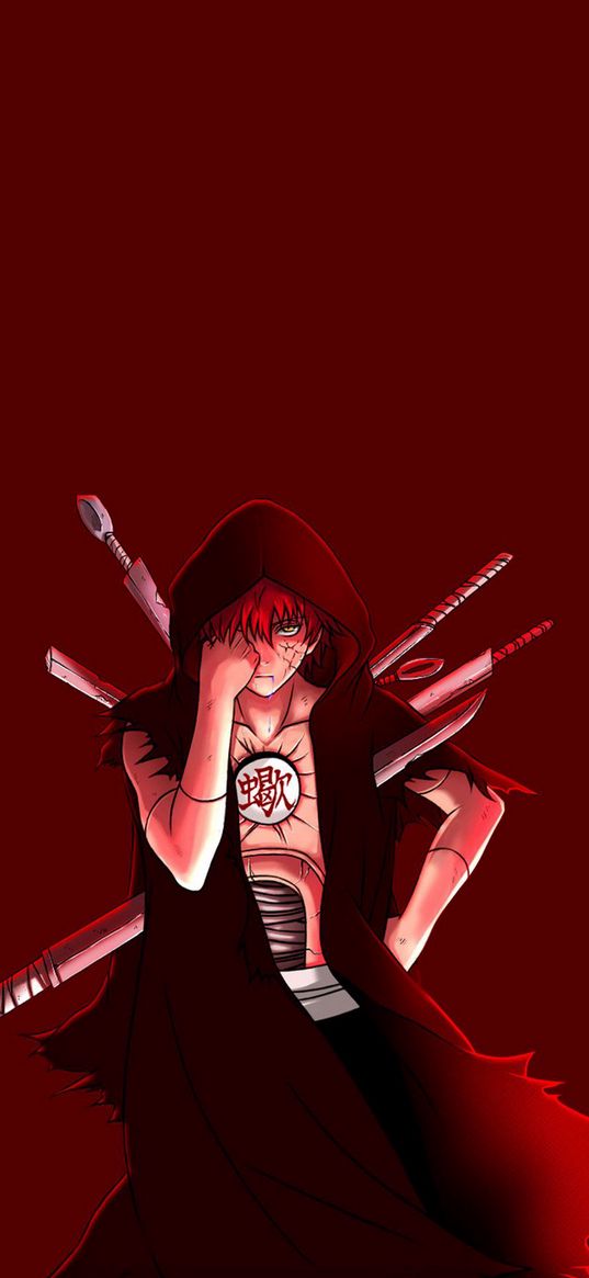 naruto, akatsuki, anime, weapons, red background, art