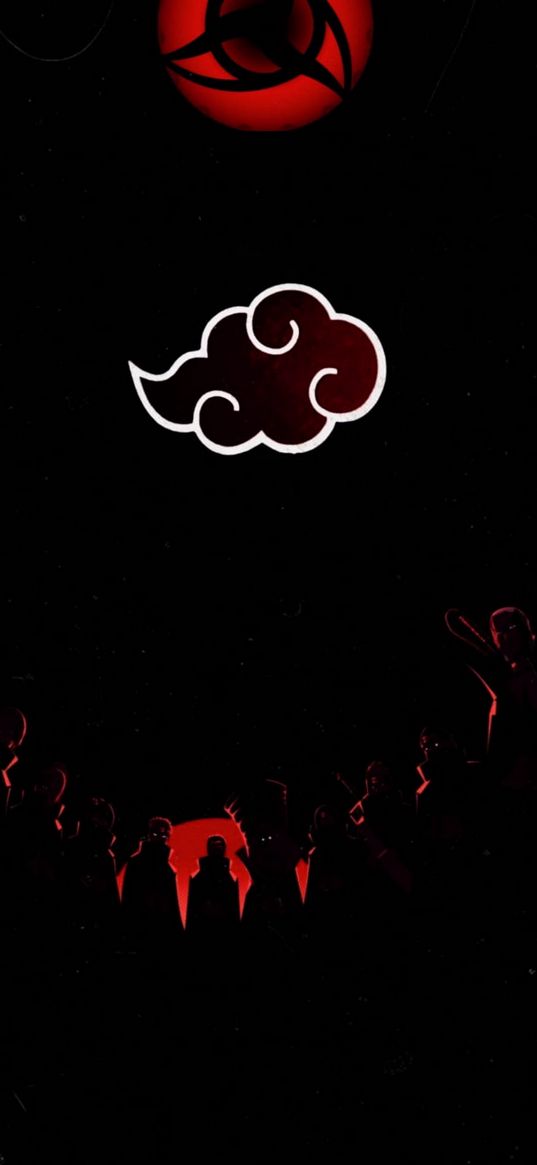 naruto, akatsuki, anime, cloud, emblem, red, black background, art