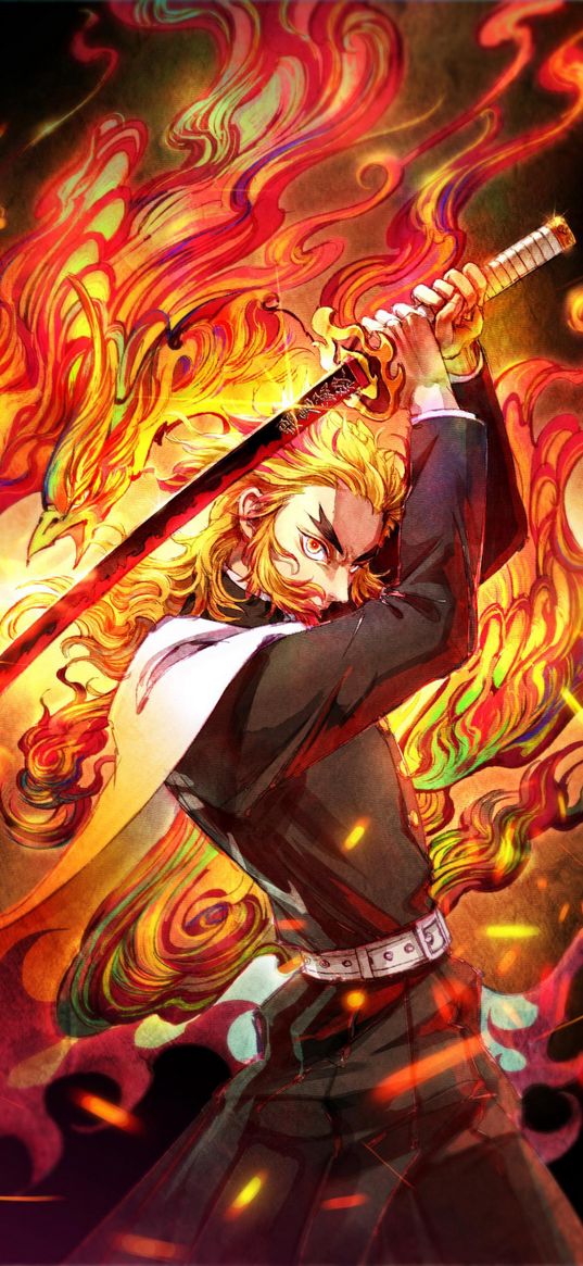 demon slayer, rengoku, flame, blade, bird, anime, art