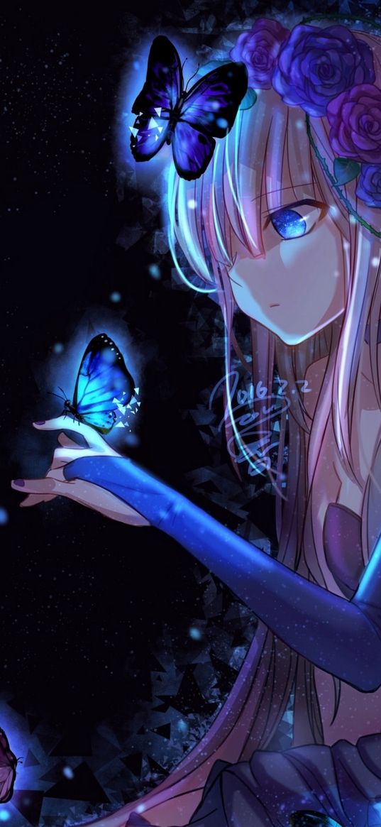 anime, girl, art, butterflies