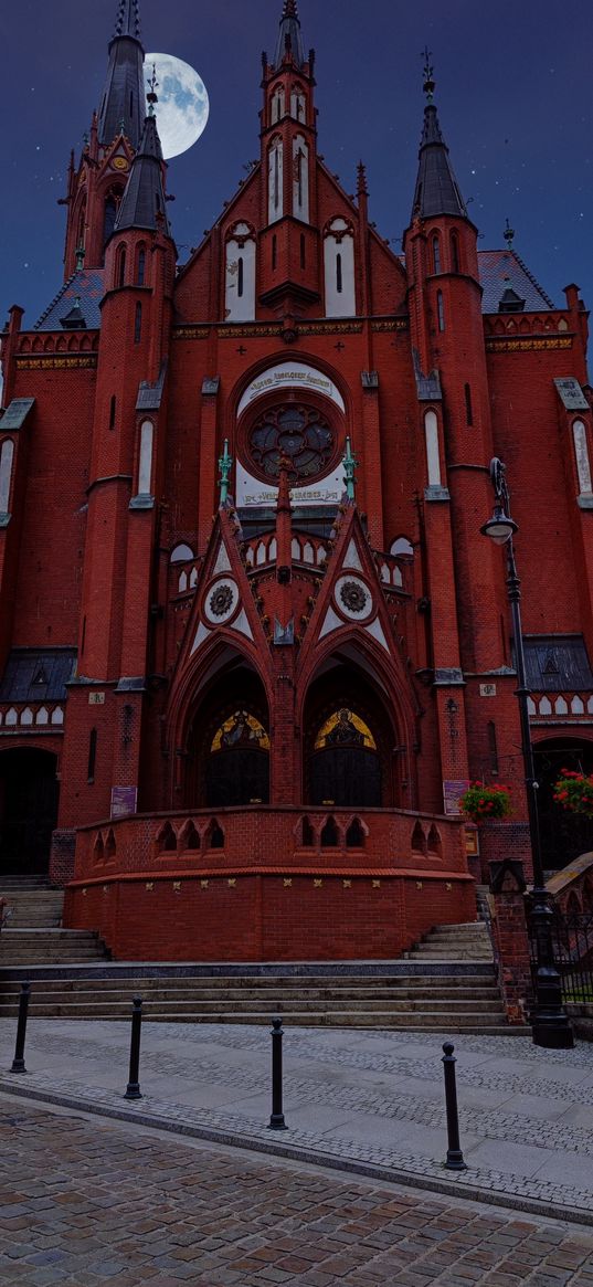 church, walbrzycha, building, architecture, red, moon