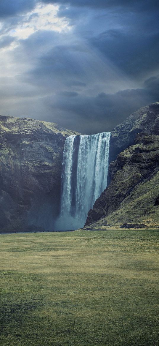 waterfall, cloudy, sun rays