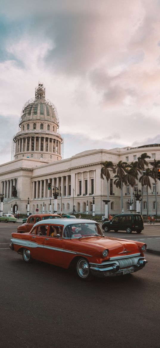 cars, city, red car, white house, vintage, road