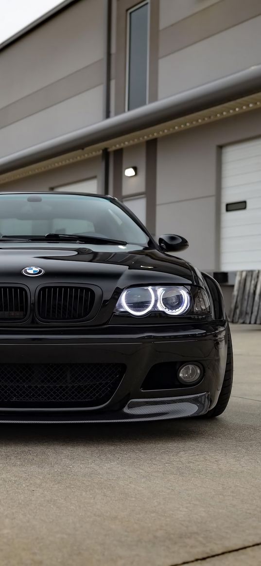 bmw e46, car, m3, black, front view, headlights