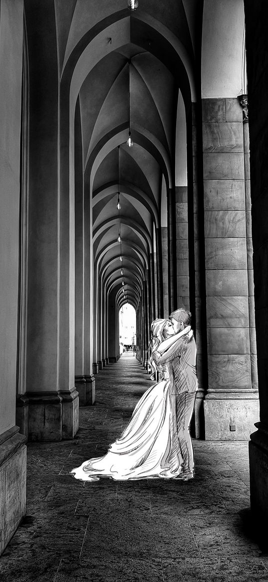 bride, groom, love, black, white