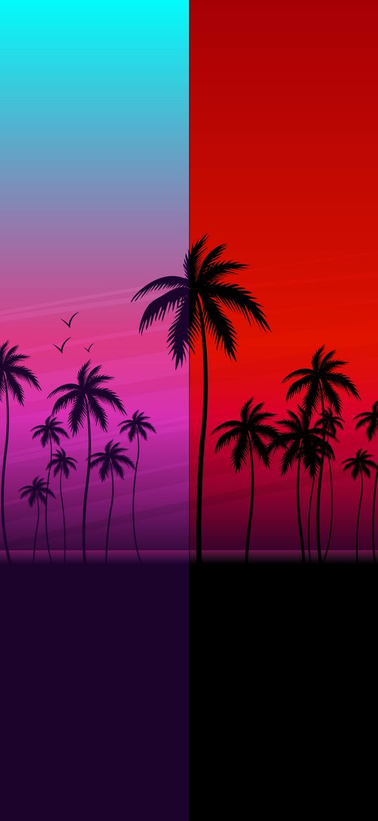 palm trees, seagulls, sky, digital, minimalism, art, gradient, turquoise, purple, red