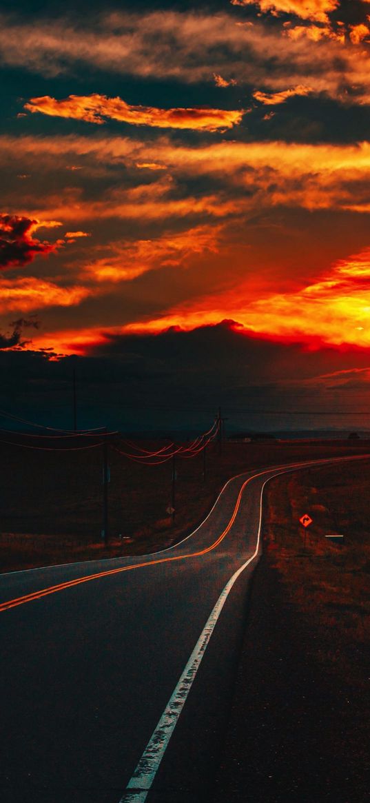 road, sunset, electric pole, landscape, nature