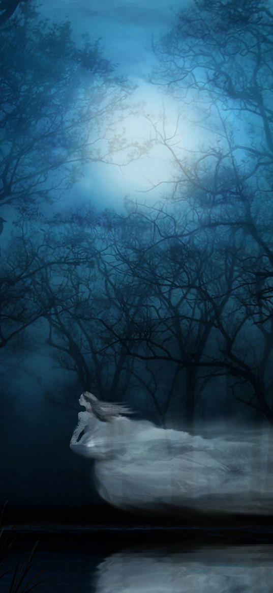 forest, night, cast, girl, lake, moonlight