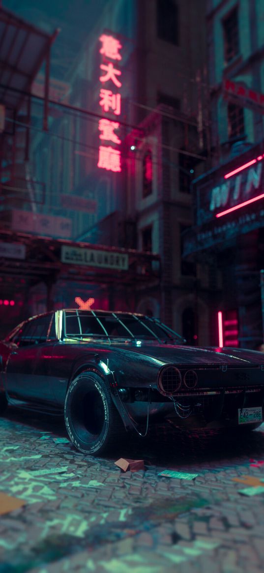 car, digital art, cyberpunk, black