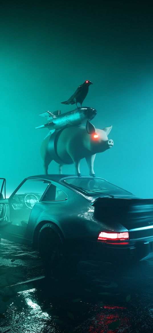 porsche, car, animals, pig, raven, rocket, digital art