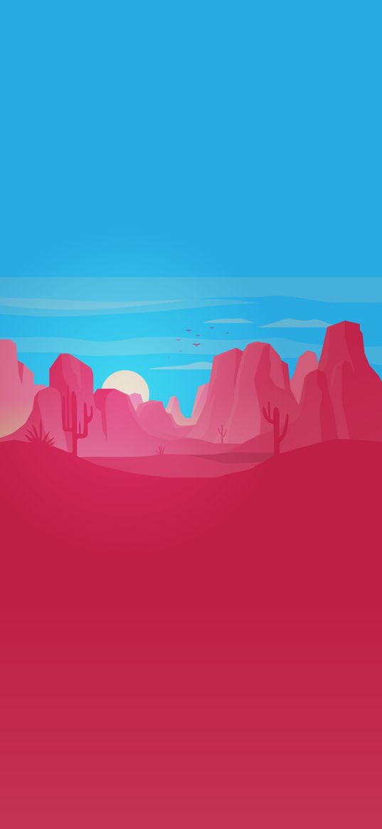 mountains, desert, cacti, sun, sky, landscape, digital art