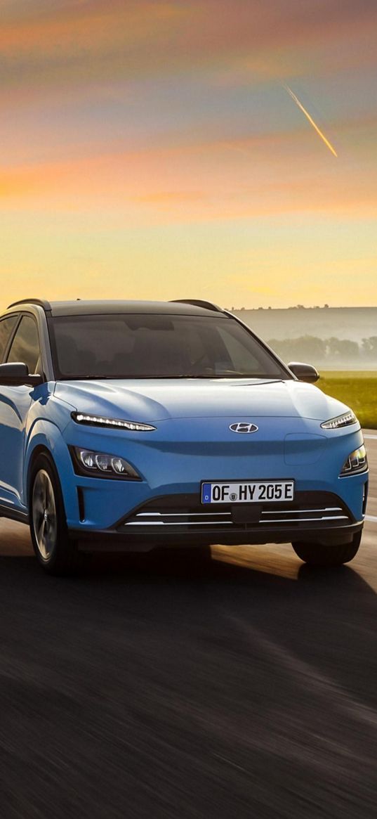 hyundai kona, hyundai, crossover, car, blue, road, sunset