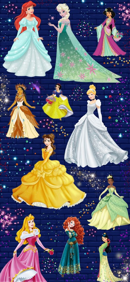 princesses, disney, dress, glitter, blue background