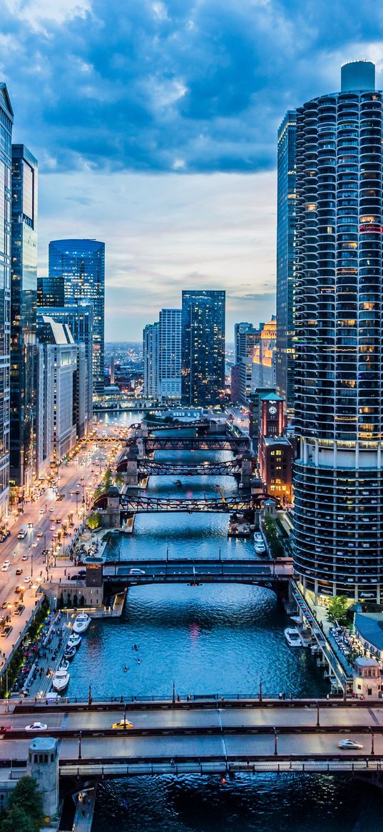 skyscrapers, bridges, river, metropolis, city, evening