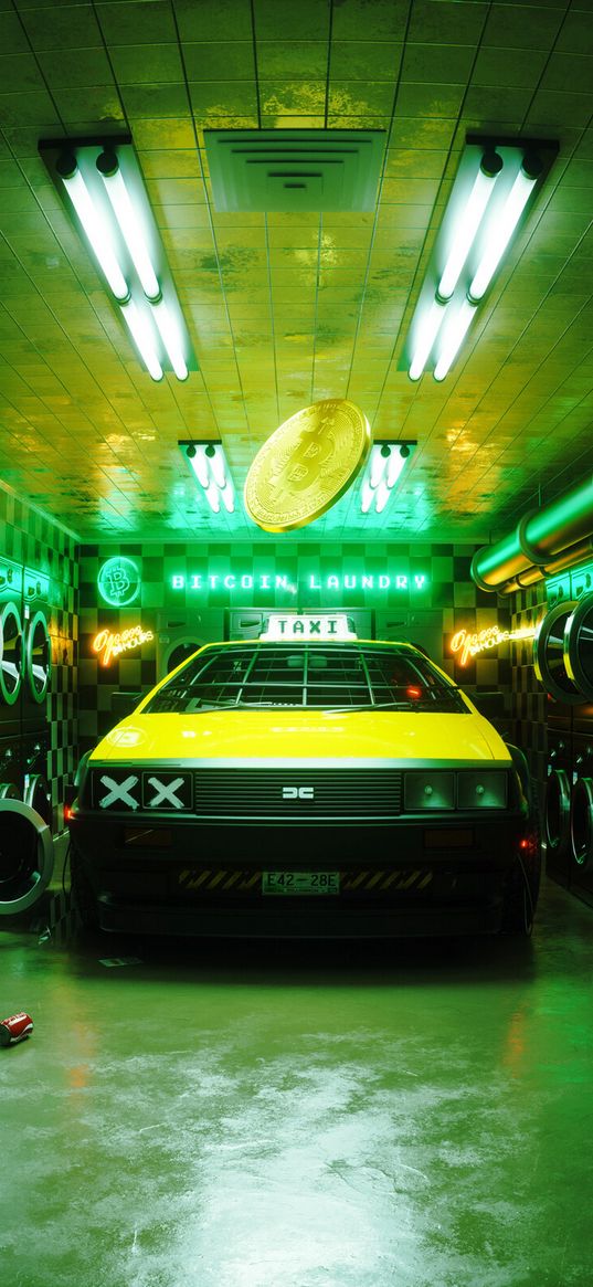 taxi, car, yellow, bitcoin, neon, digital art