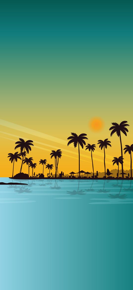 palm trees, ocean, horizon, sunset, digital art, minimalism, blue, yellow