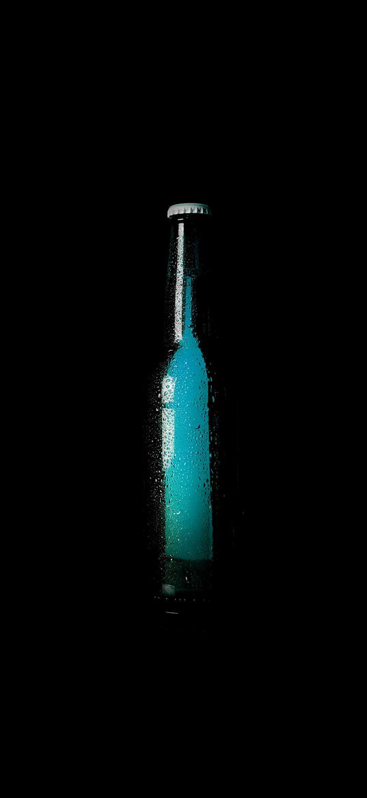 bottle, blue, drops, minimalism, black background