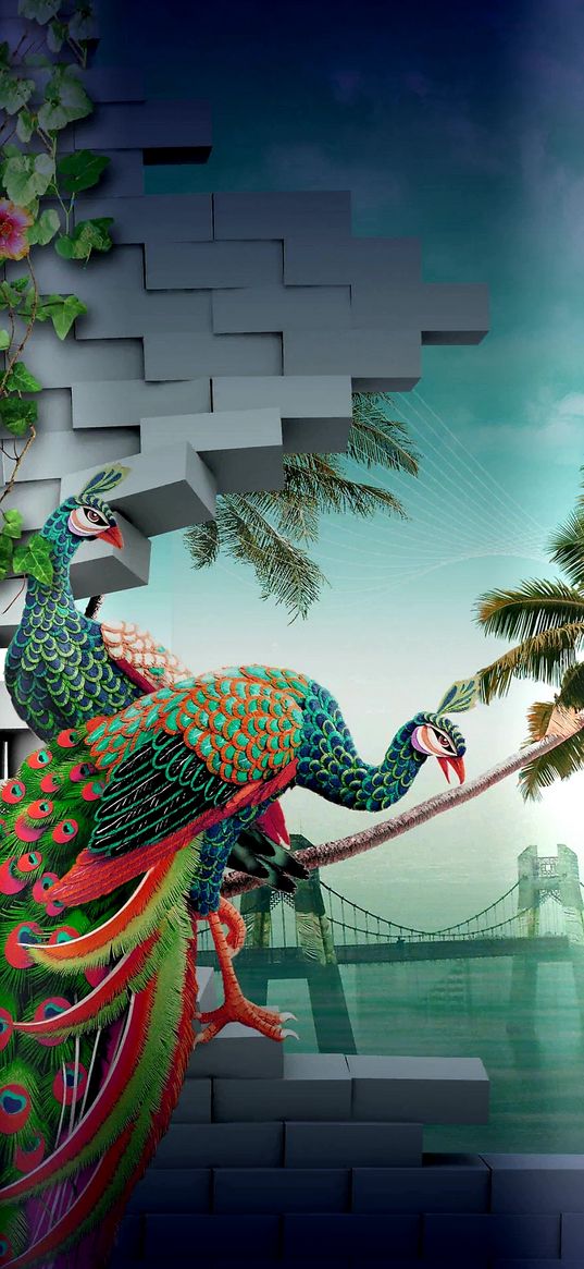 peacock, brick, palm tree, art, graphics